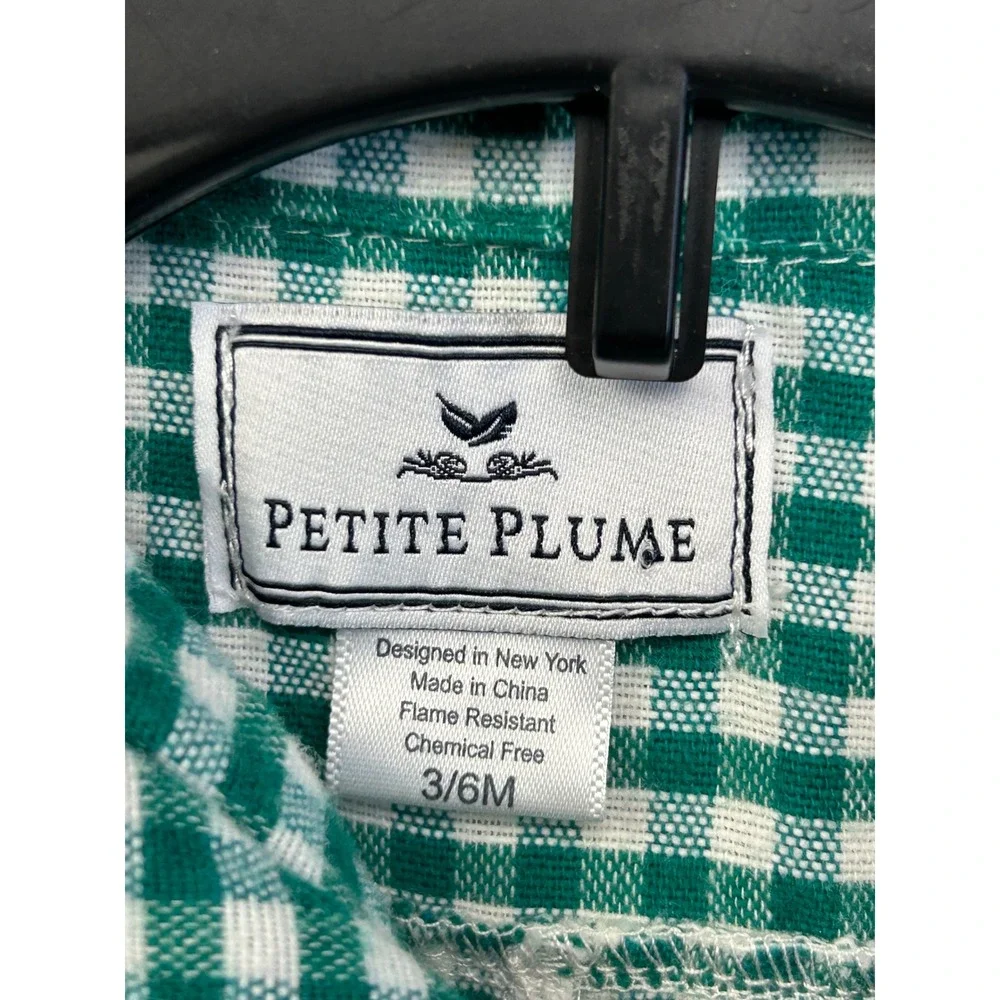 Petite Plume Pajamas Unisex 3/6M Green Gingham One Piece Button Snap Romper